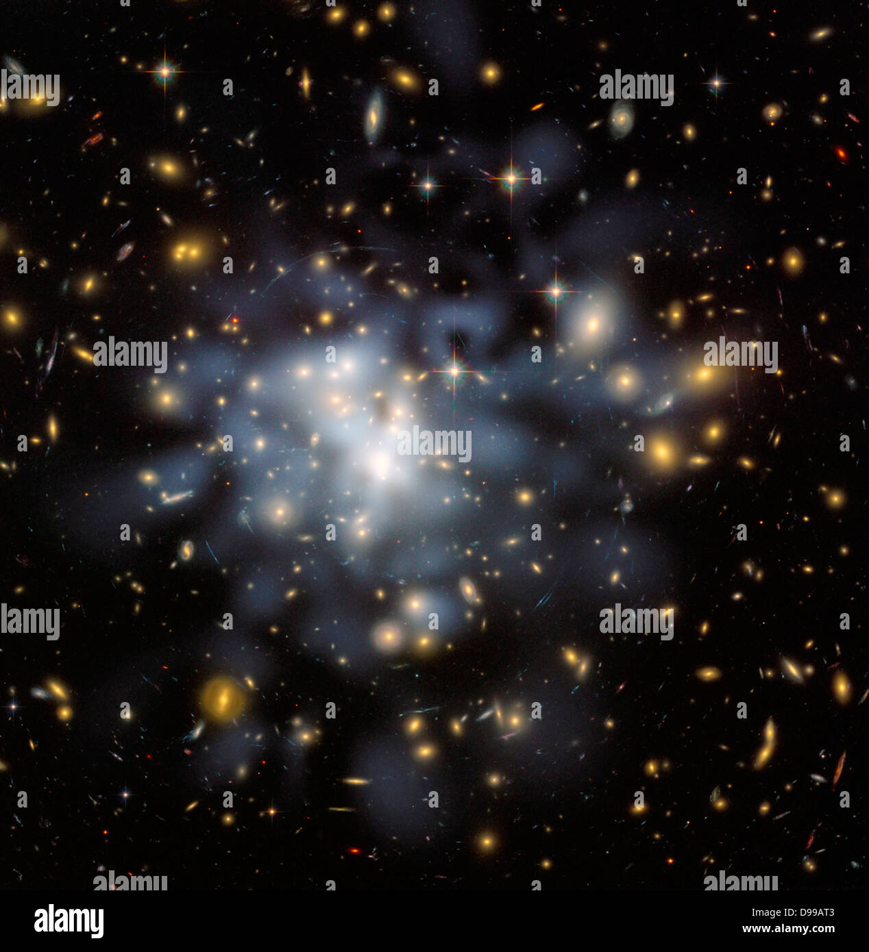 This NASA Hubble Space Telescope image shows the distribution of dark matter in the center of the giant galaxy cluster Abell 1689, containing about 1,000 galaxies and trillions of stars. Stock Photo