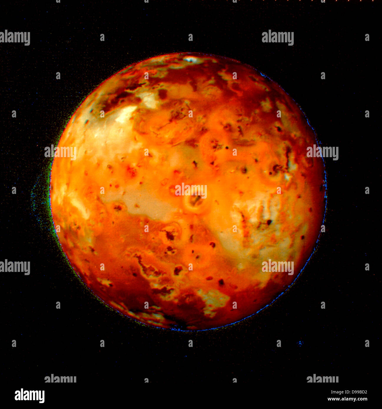 Io's volcanos continually resurface it, so that any impact craters have disappeared. Stock Photo