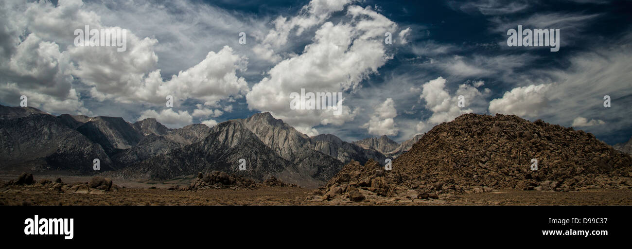 Panorama of Lone Pine Peak and Mt. Whitney in the Sierra Nevadas from the Alabama Hills near lone Pine, CA. Stock Photo