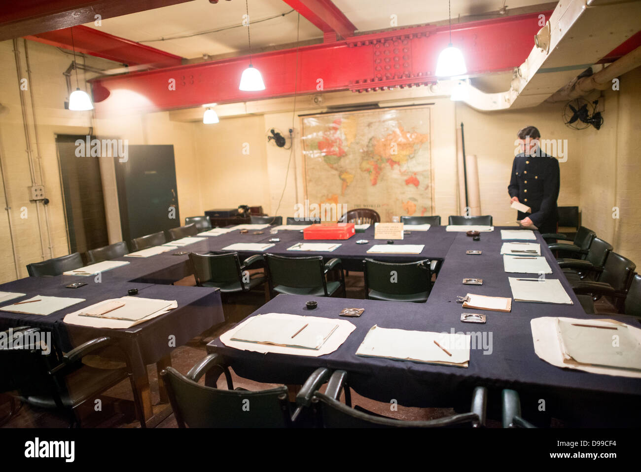 LONDON, United Kingdom — The main Cabinet War Room at the Churchill War Rooms in London. The museum, one of five branches of the Imerial War Museums, preserves the World War II underground command bunker used by British Prime Minister Winston Churchill. Its cramped quarters were constructed from a converting a storage basement in the Treasury Building in Whitehall, London. Being underground, and under an unusually sturdy building, the Cabinet War Rooms were afforded some protection from the bombs falling above during the Blitz. Stock Photo