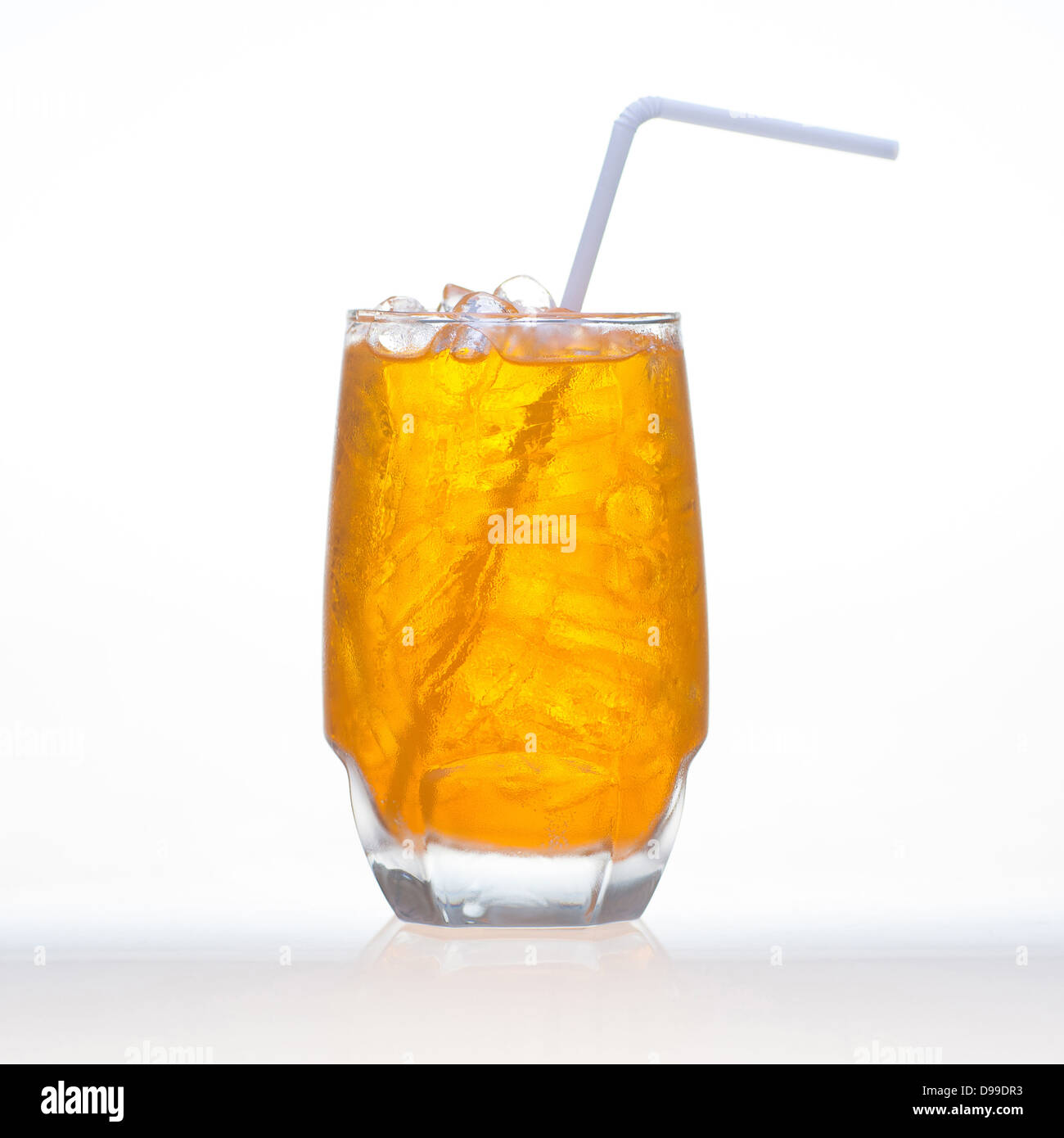 Sparkling orange flavor soft drinks whit water soda and ice in glass isolated on white