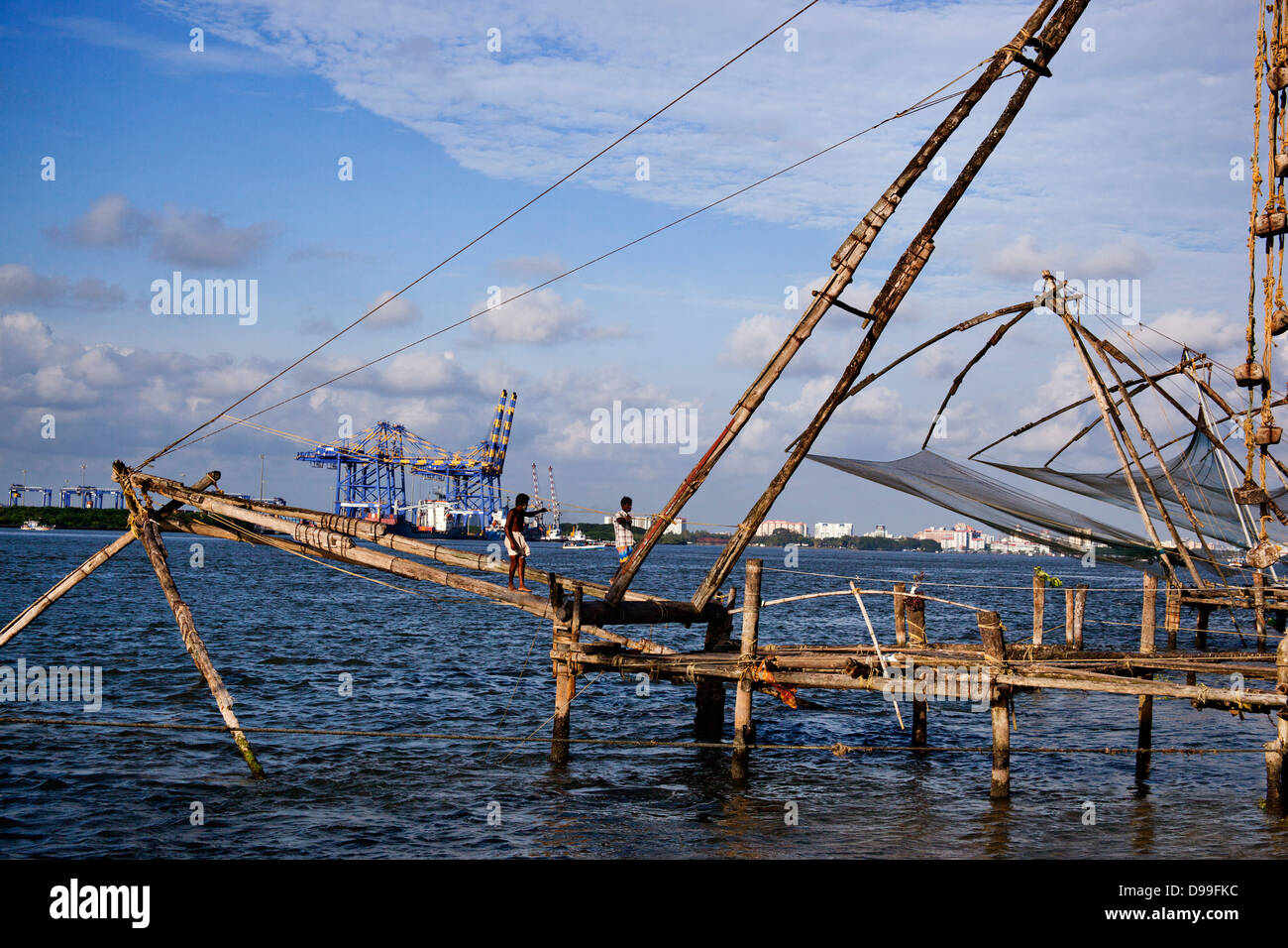 Chinese fishing nets at a harbor, Cochin, Kerala, India Stock Photo
