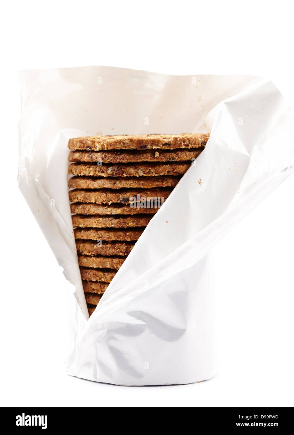 Digestive bio wholegrain biscuits with chocolate chips isolated on white background Stock Photo