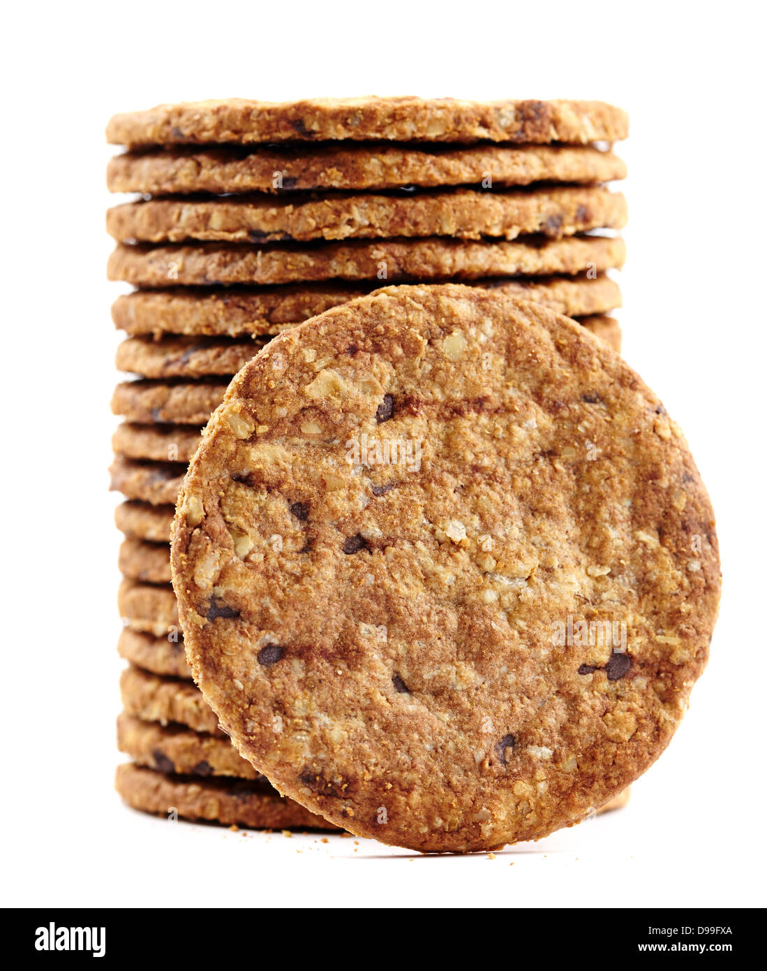 Digestive bio wholegrain biscuits with chocolate chips isolated on white background Stock Photo