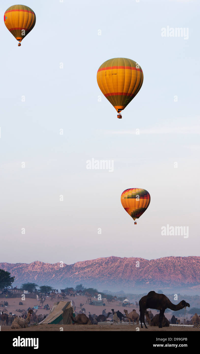 Hot air balloons over Pushkar Camel Fair ground, Pushkar, Ajmer, Rajasthan, India Stock Photo