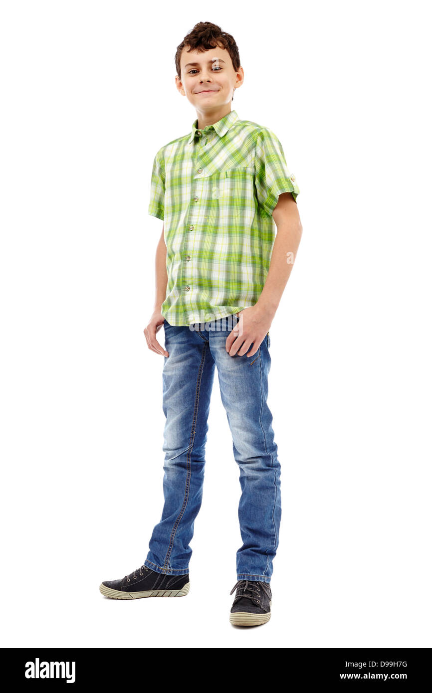 Full length studio portrait of a teen boy in green plaid shirt Stock ...