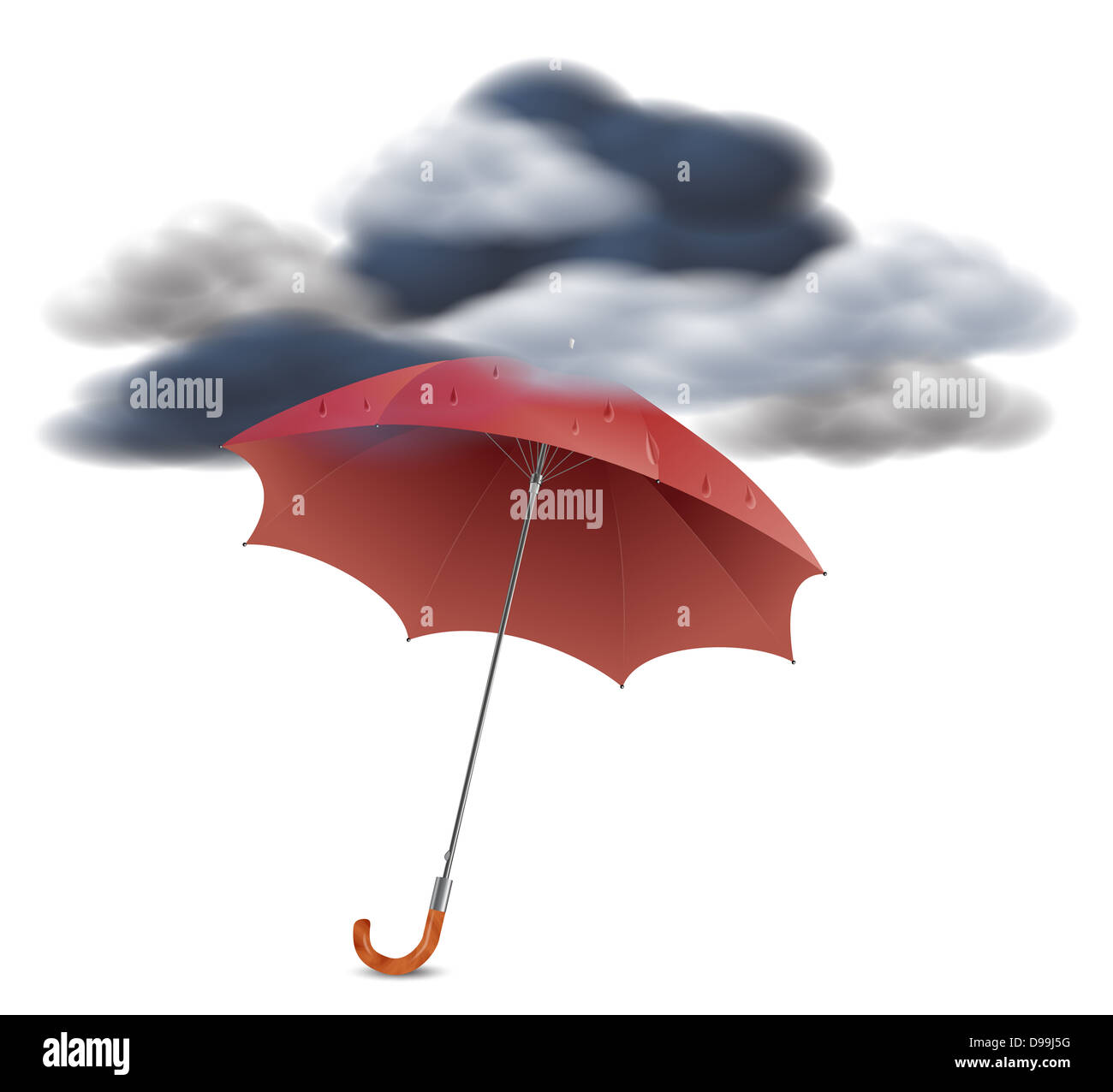 Red umbrella with raindrops protecting from dark clouds Stock Photo Alamy