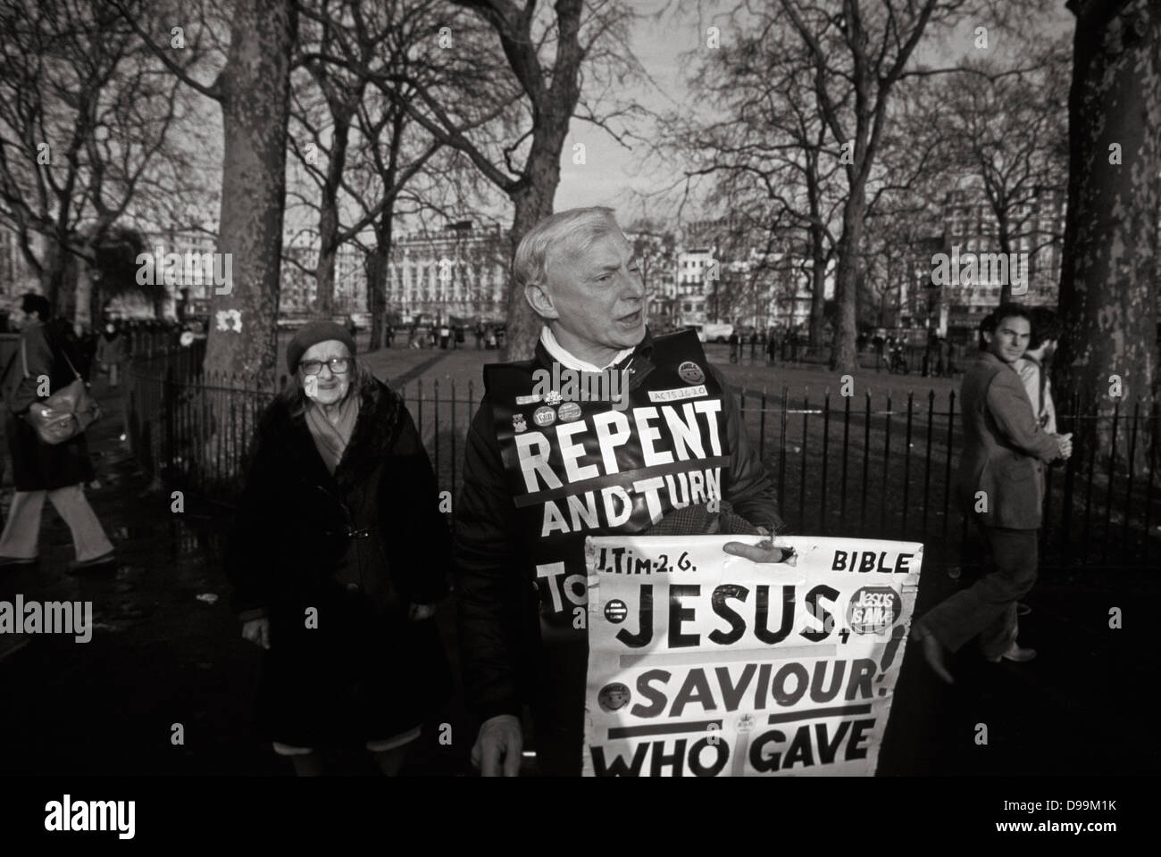 Christian  evangelist with 'Repent' message at Speakers' Corner, Hyde Park, London, 1979 Stock Photo