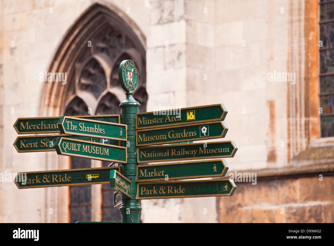 Touristic street signs pointing the way to various attractions in the city of York. Stock Photo