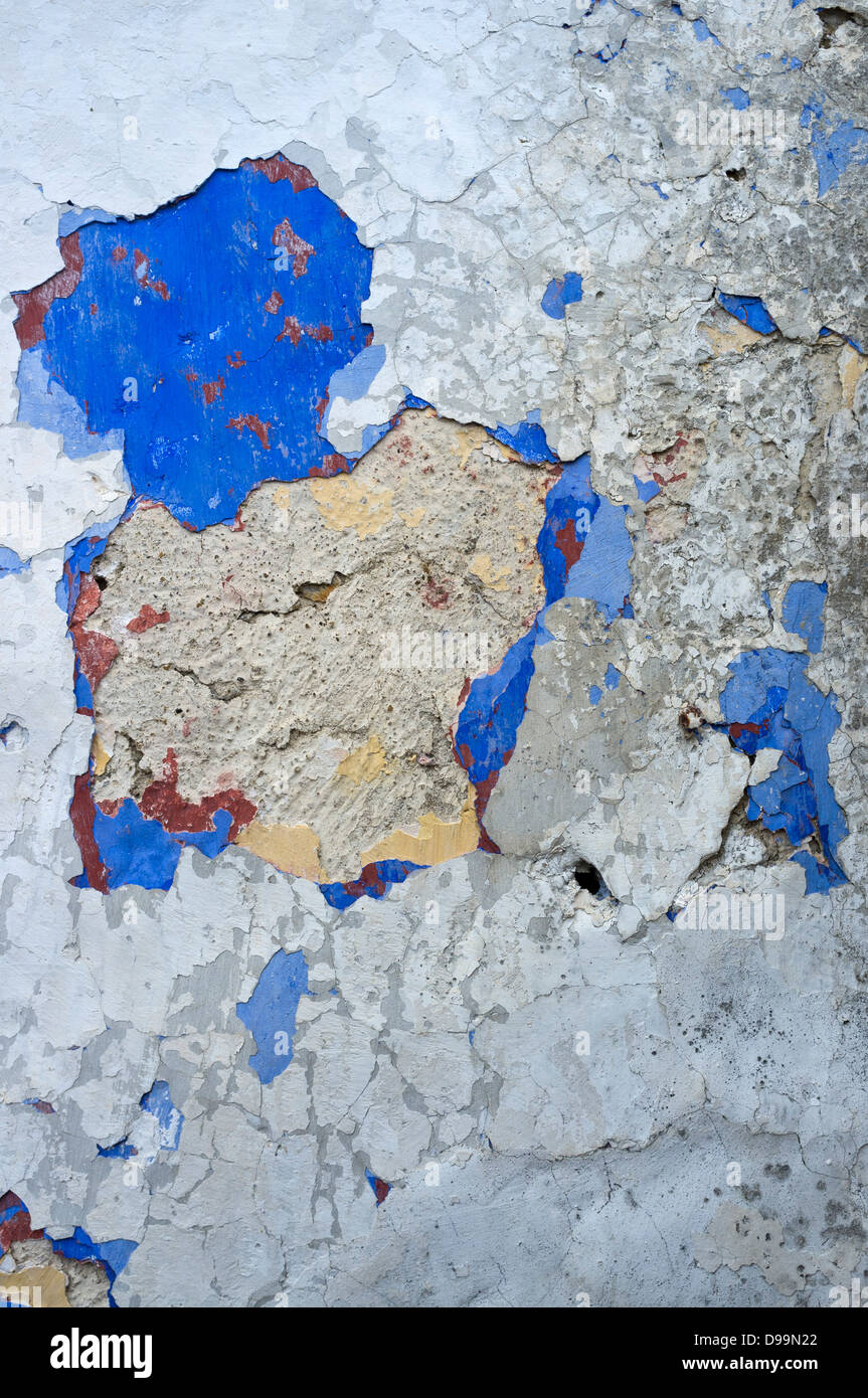 Peeling layers of paint on the wall of an abandoned building in roque Taborno, Anaga, Tenerife, canary Islands, Spain, Stock Photo