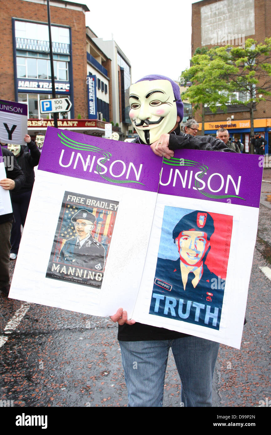 Belfast, Northern Ireland, UK. 15th June 2013. Anti-G8 protesters descend upon the city just two days before Barack Obama is due to arrive in Belfast and other World Leaders are due to arrive in Northern Ireland for the 39th G8 Summit in County Fermanagh  - Unison Member Credit:  Kevin Scott/Alamy Live News Stock Photo