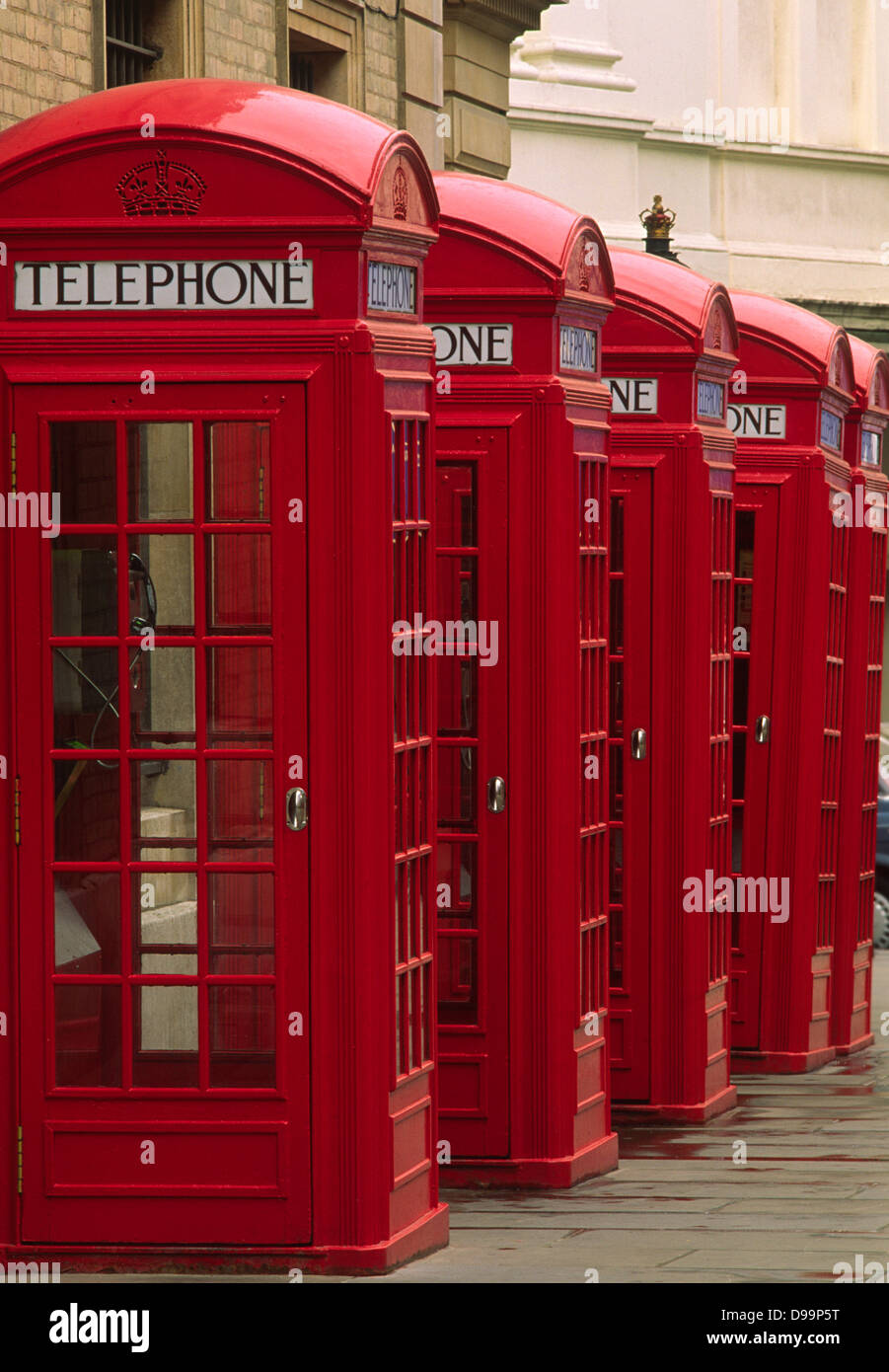 Group of traditional K2 telephone boxes designed by Sir Giles Gilbert
