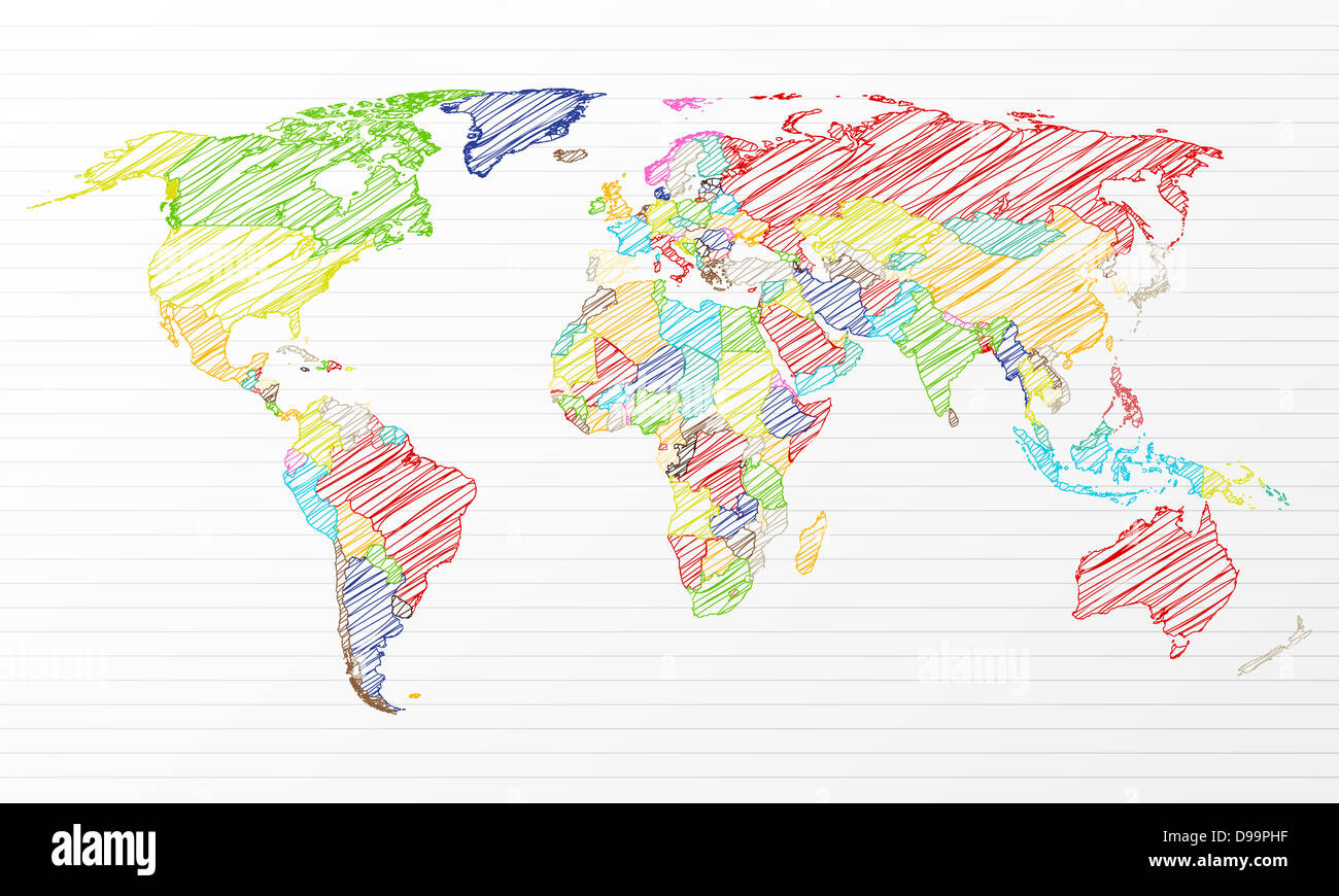 Color drawing political world map on a notepad sheet. Vector ...
