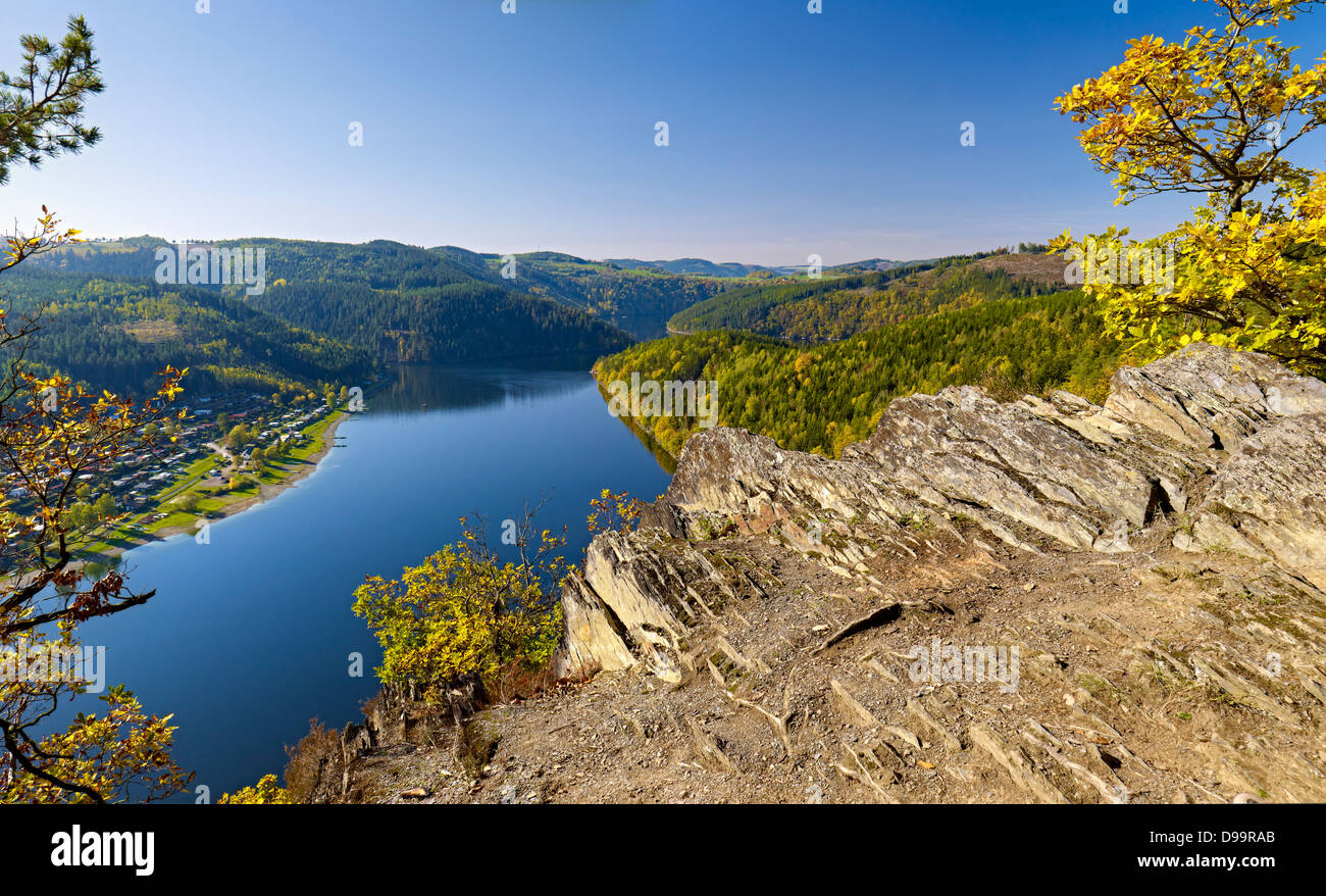 View from Bockfelsen rock to the Hohenwarte dam near Goessitz, Thuringia, Germany Stock Photo