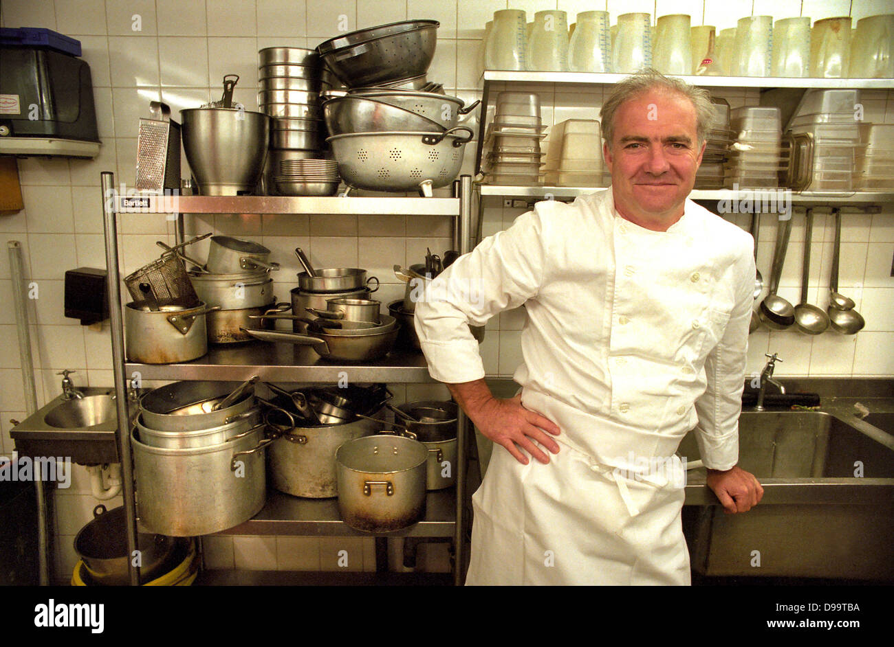 Chef Rick Stein in his restaurant kitchen in Padstow, Cornwall. Stock Photo