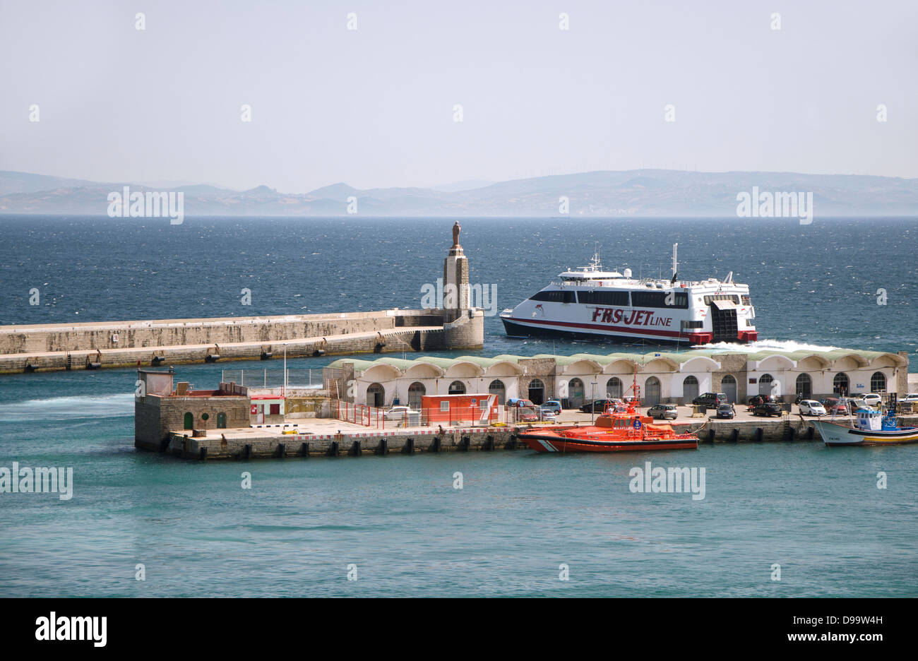 Tarifa Spain. Ferry leaving Harbour of Tarifa to Tangier in Morocco.  Andalusia, Spain Stock Photo - Alamy