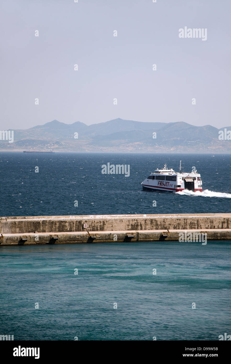 Tarifa Spain. Ferry leaving Harbour of Tarifa to Tangier in Morocco. Andalusia, Spain Stock