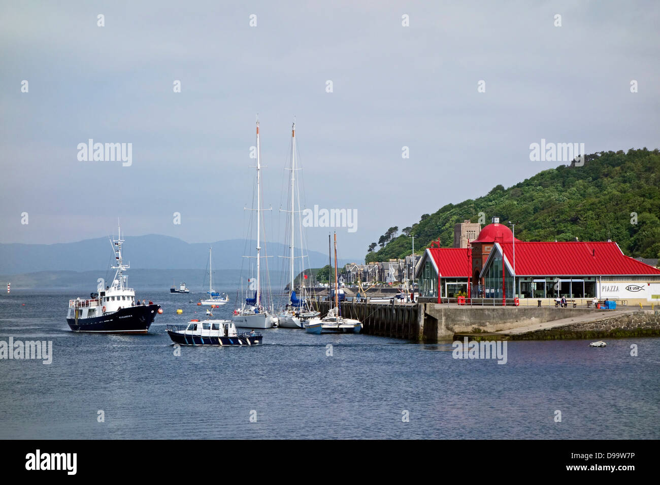 Motor vessel Elisabeth G approaching North Pier in Oban Harbour Scotland with cruise boat leaving Stock Photo