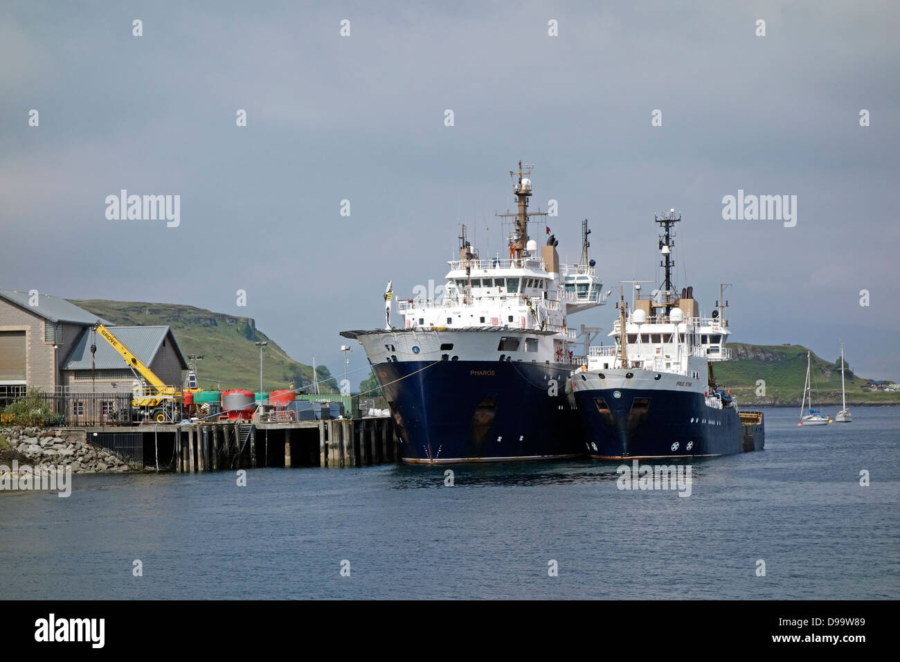 Northern Lighthouse Board lighthouse Tenders NLV Pharos  & NLV Pole Star moored at Operating Base Oban in Oban harbour Scotland Stock Photo