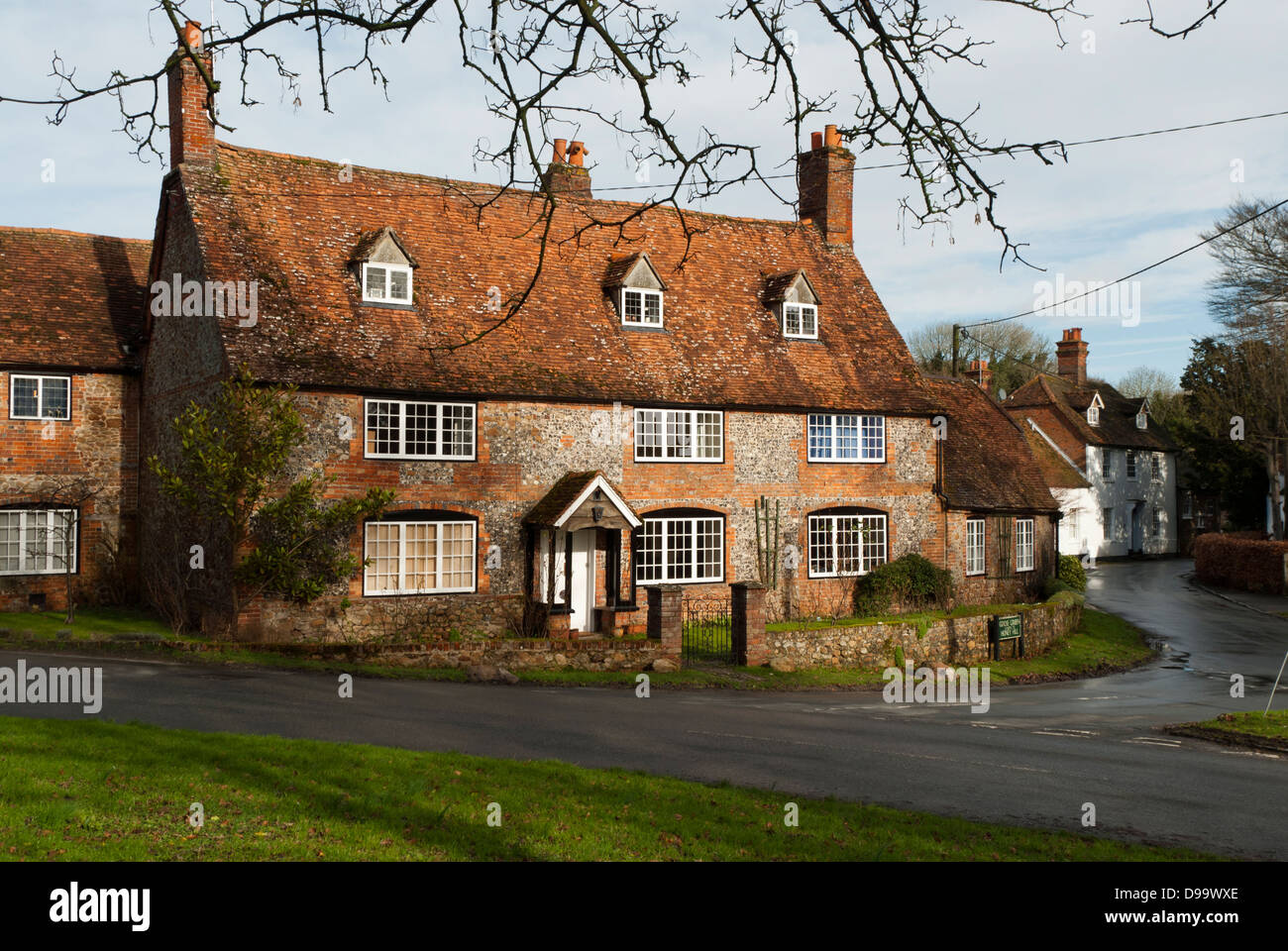 Flint and brick cottage, Goose Green, Lambourn, West Berkshire, England, Great Britain, United Kingdom Stock Photo