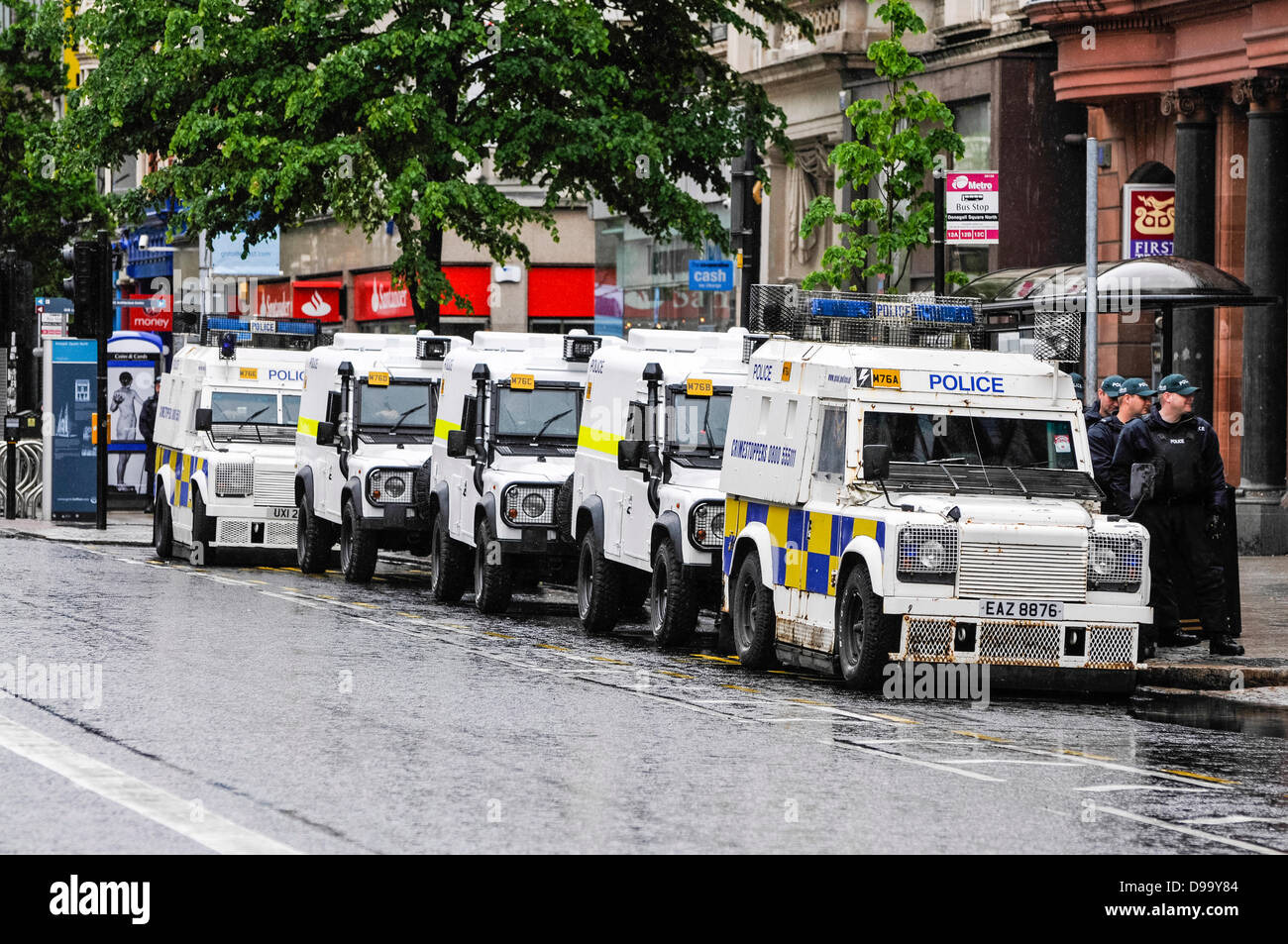Belfast, Northern Ireland, 15th june 2013.  Hundreds of new armoured Landrovers have been deployed on the streets of Belfast. Some, like the middle three in this row, are British Army landrovers, which have been painted in PSNI colours. Credit:  Stephen Barnes/Alamy Live News Stock Photo
