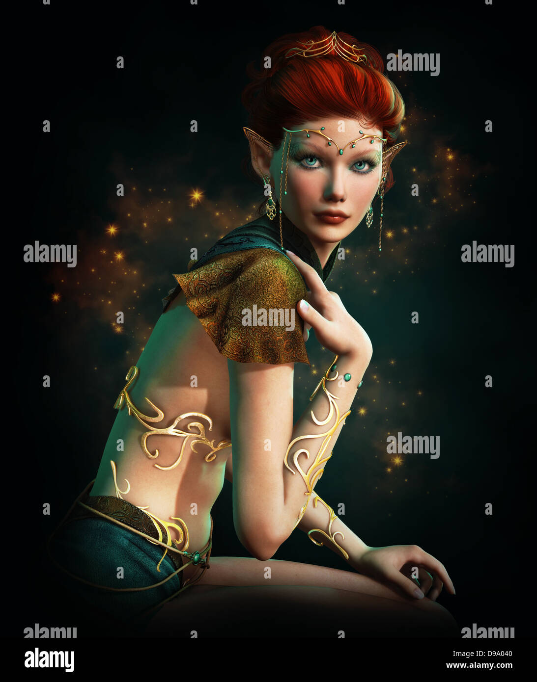 a elven princess with golden diadem, body jewelry and Turquoise gemstones Stock Photo