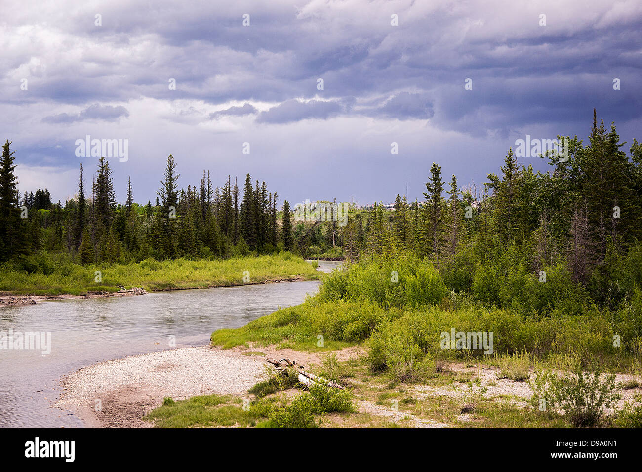 Elbow river, landscape, river, storm, thunder, spring, summer, hike, path, fishing Stock Photo