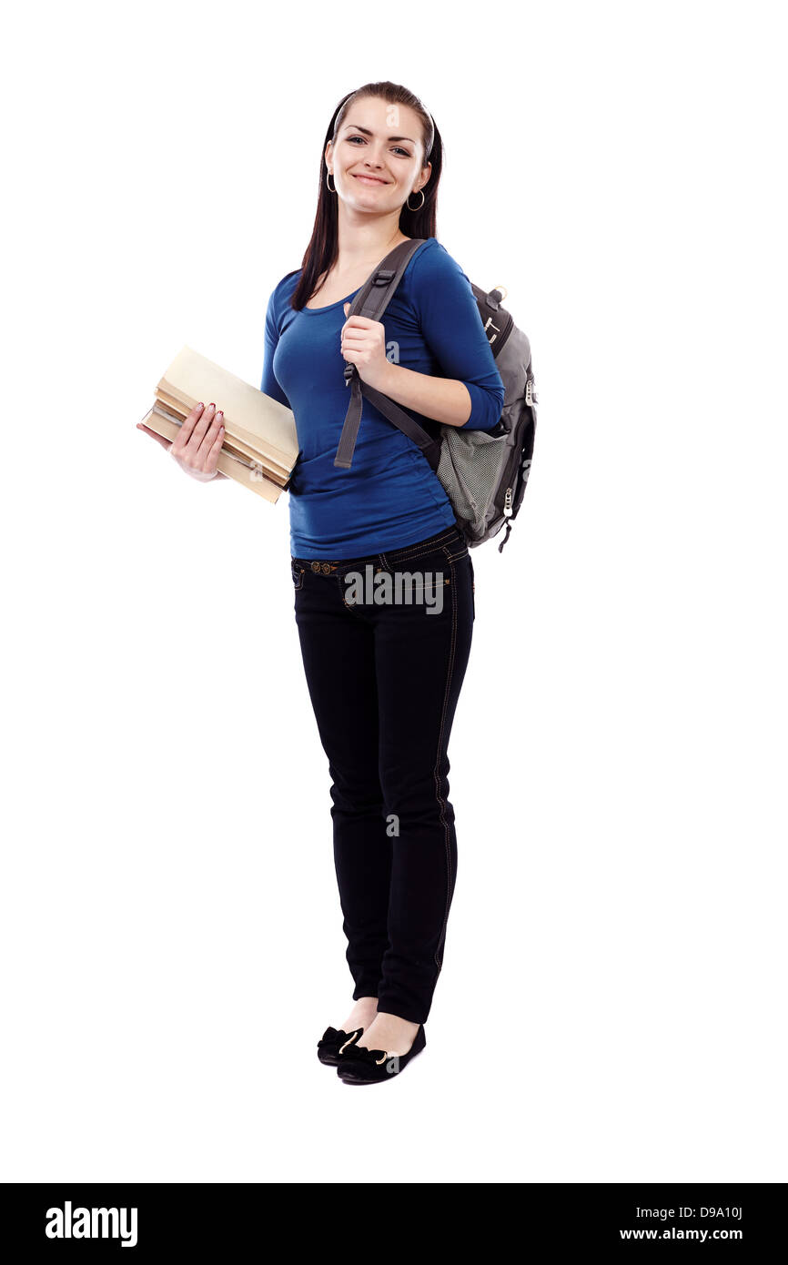 Full length portrait of a student girl with backpack and books isolated ...
