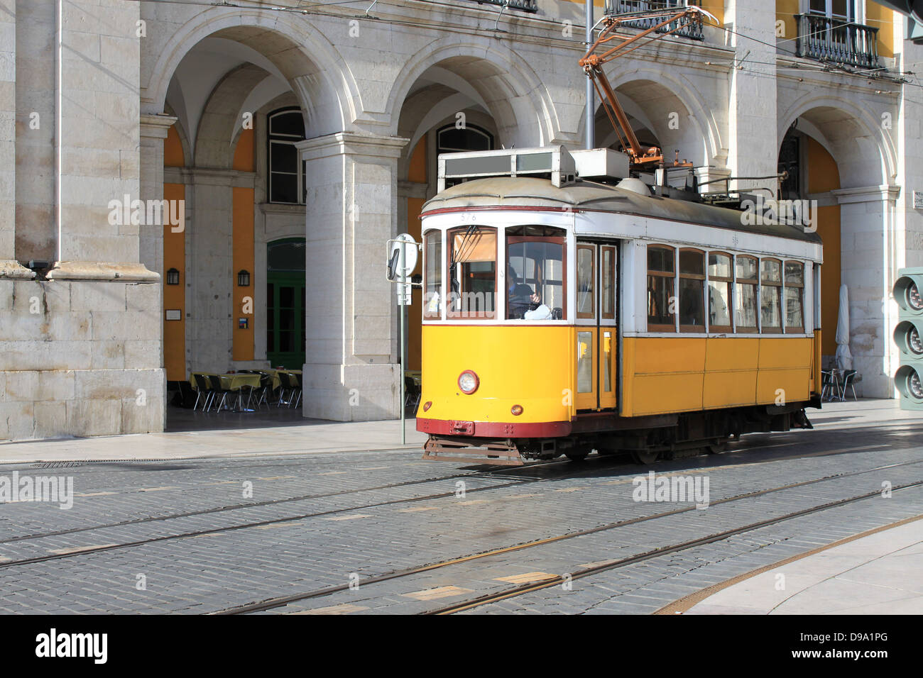 Yellow streetcar or tram in Lisbon, Portugal, Europe Stock Photo