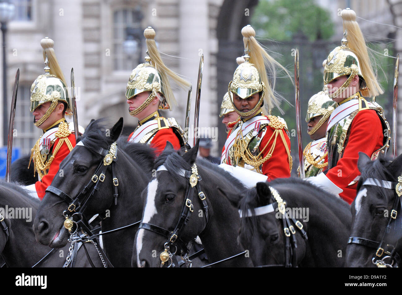 Trooping the Colour taking place along The Mall and Buckingham Palace, London, UK. Ceremonial military soldier. Household Cavalry mounted Stock Photo