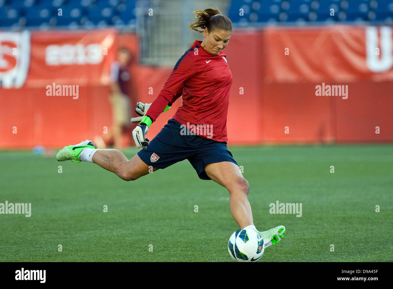 Foxborough, Massachusetts, United States. 15th June, 2013. USA goalkeeper Hope Solo (1) warming up prior to the international friendly soccer match between the USA Women's National Team and Korea Republic Women's Team at Gillette Stadium in Foxborough, Massachusetts. USA defeated Korea 4-1. Anthony Nesmith/CSM Credit: csm/Alamy Live News Stock Photo