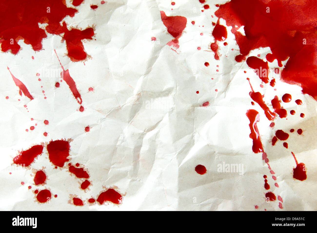 Crumpled old paper texture with blood splatter (stains, droplets) frame close up, horizontal, blank, copy space Stock Photo