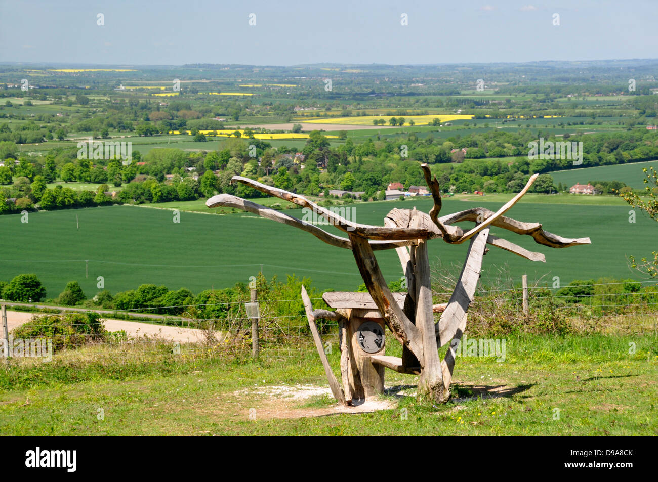 Oxon Chiltern Hills landscape with modern wooden sculpture hill