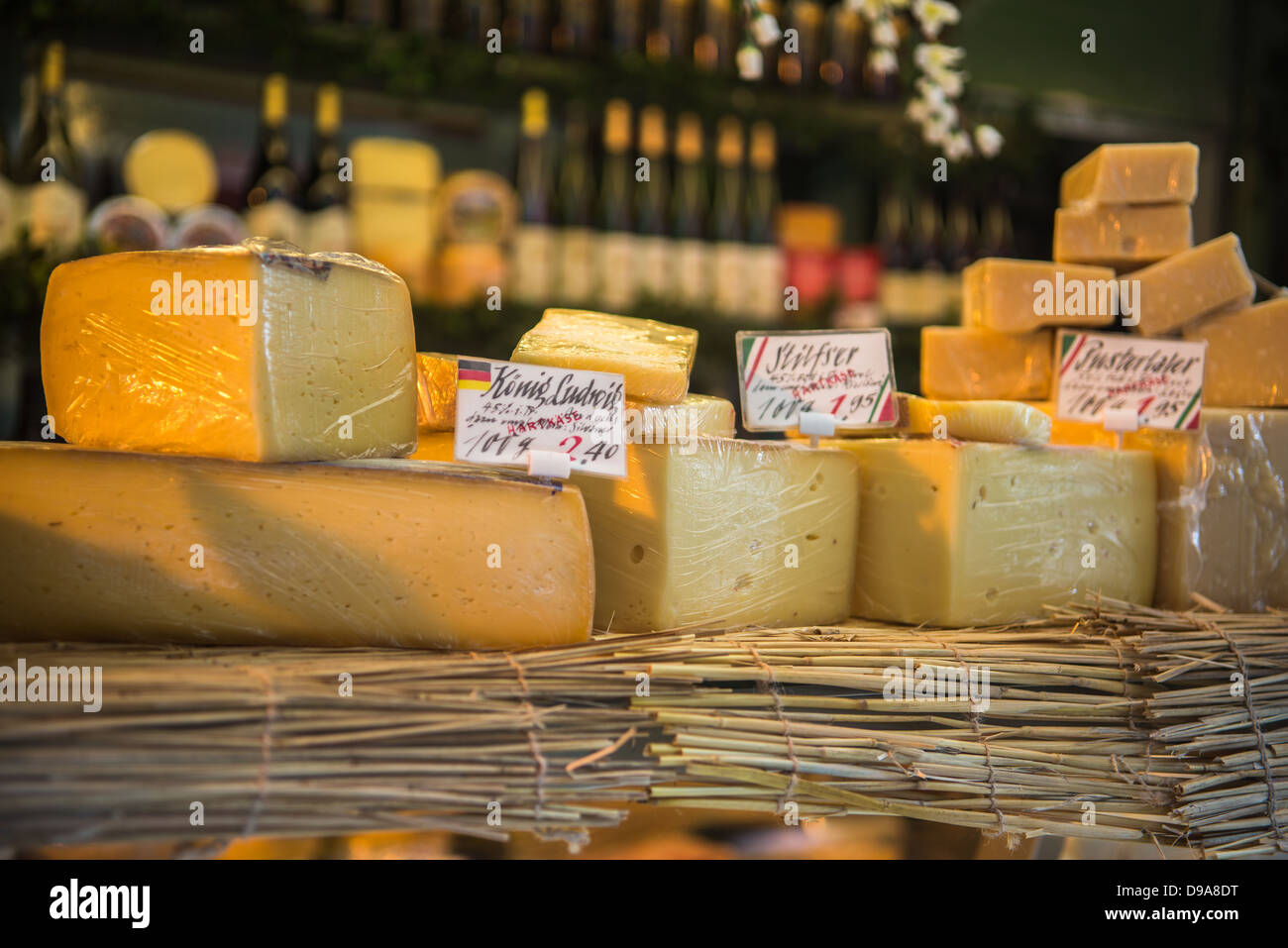 Cheese assortment on the farmers market in Munich, Germany Stock Photo
