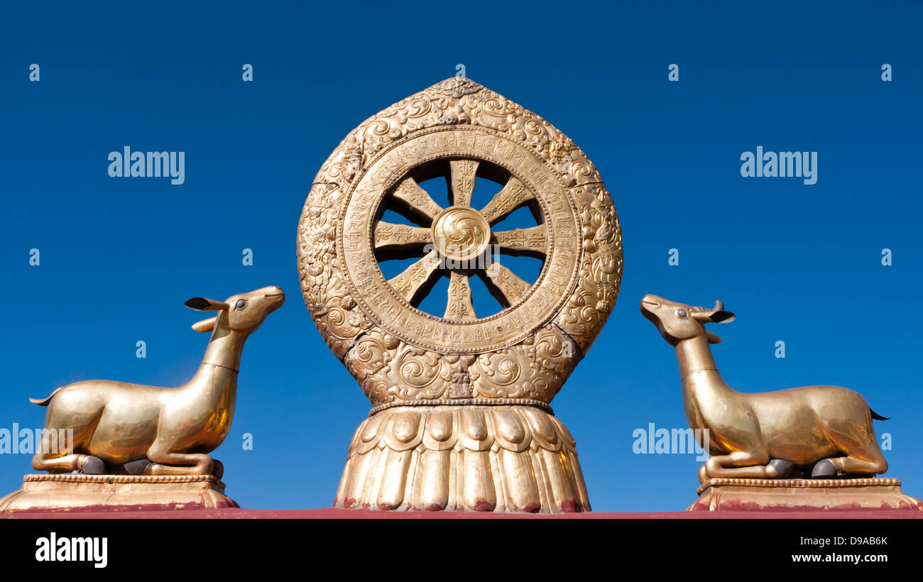 Golden Dharma Wheel, Jokhang Temple, Lhasa, Tibet Stock Photo