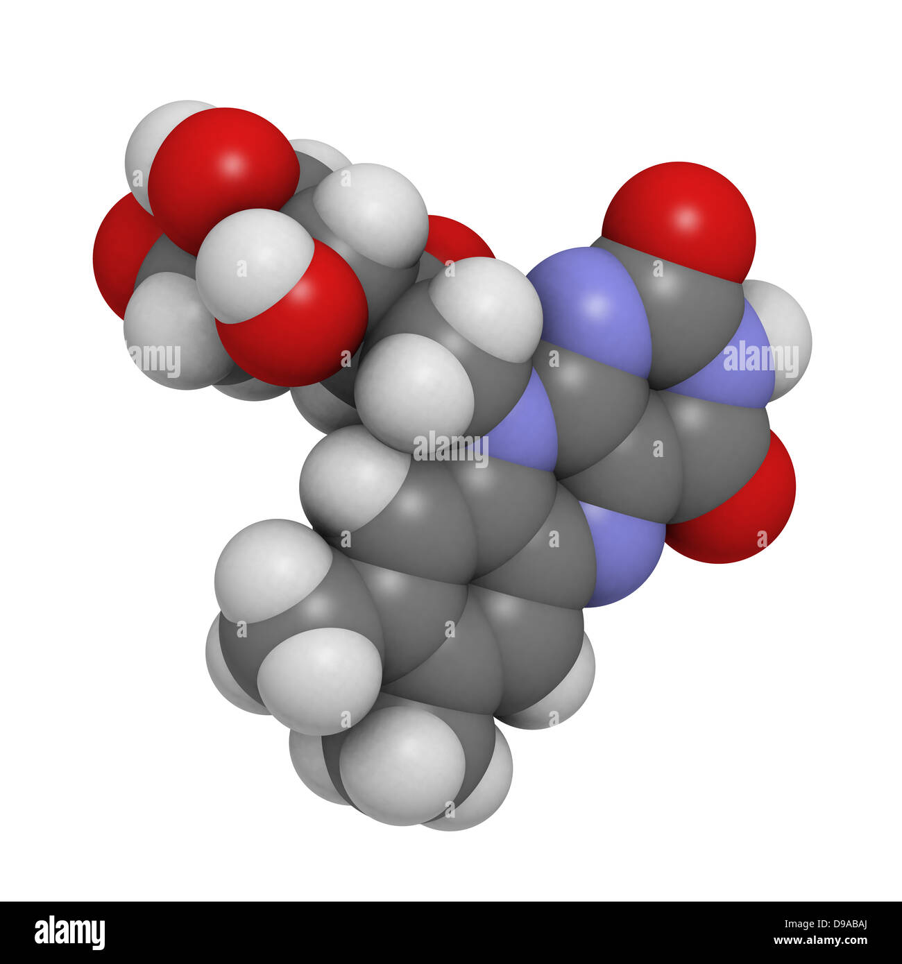 Vitamin B2 (riboflavin), molecular model. Atoms are represented as spheres with conventional color coding Stock Photo