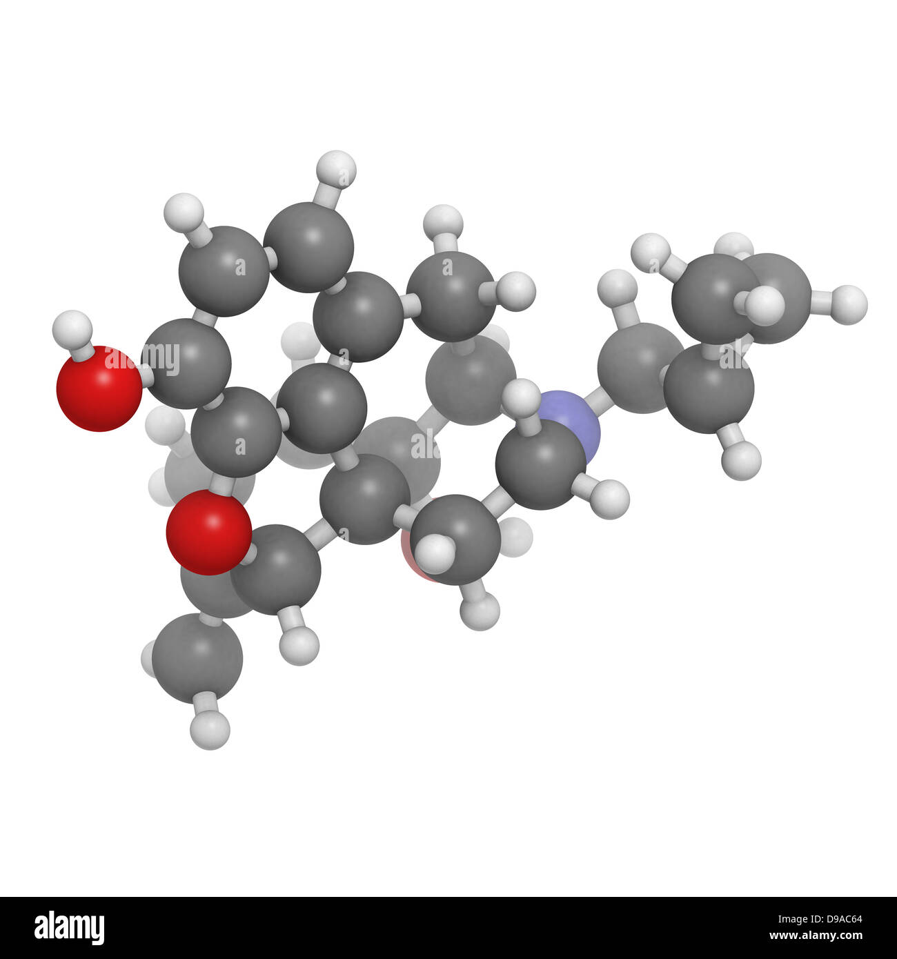 Nalmefene alcoholism treatment drug, molecular model. Atoms are ...