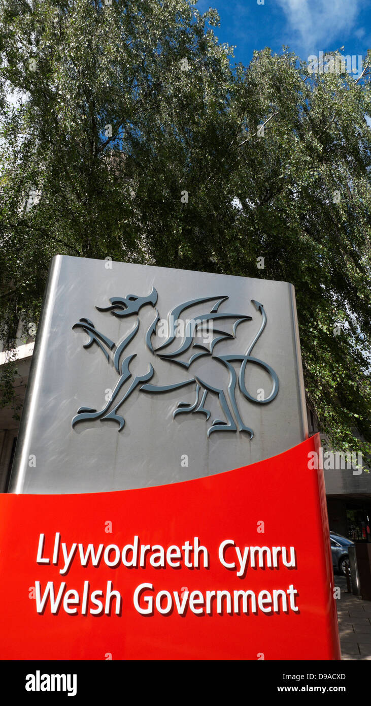 Welsh Government sign with dragon and Welsh language Llywodraeth Cymru