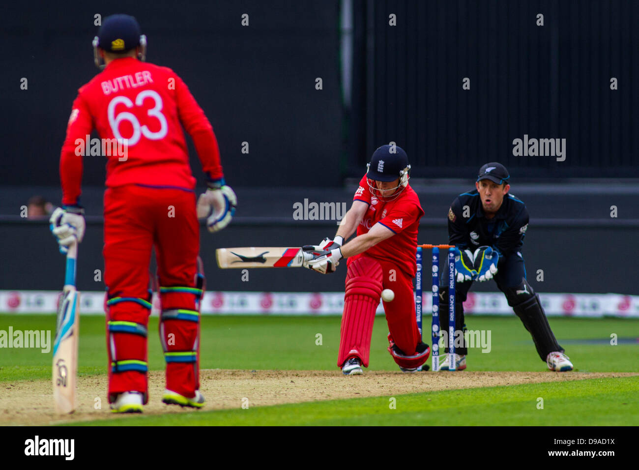 Cardiff, Wales. 16th June, 2013. England's Eoin Morgan is dismissed LBW off the bowling of Daniel Vettori (not pictured) during the ICC Champions Trophy international cricket match between England and New Zealand at Cardiff Wales Stadium on June 16, 2013 in Cardiff, Wales. (Photo by Mitchell Gunn/ESPA/Alamy Live News) Stock Photo