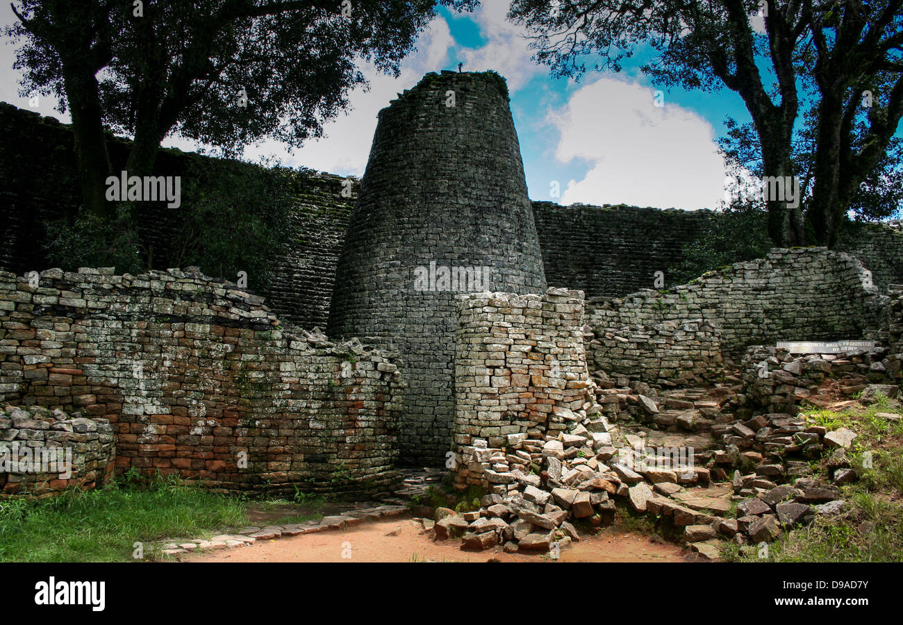The conical tower in the Great Enclosure of the Great Zimbabwe Ruins Stock Photo