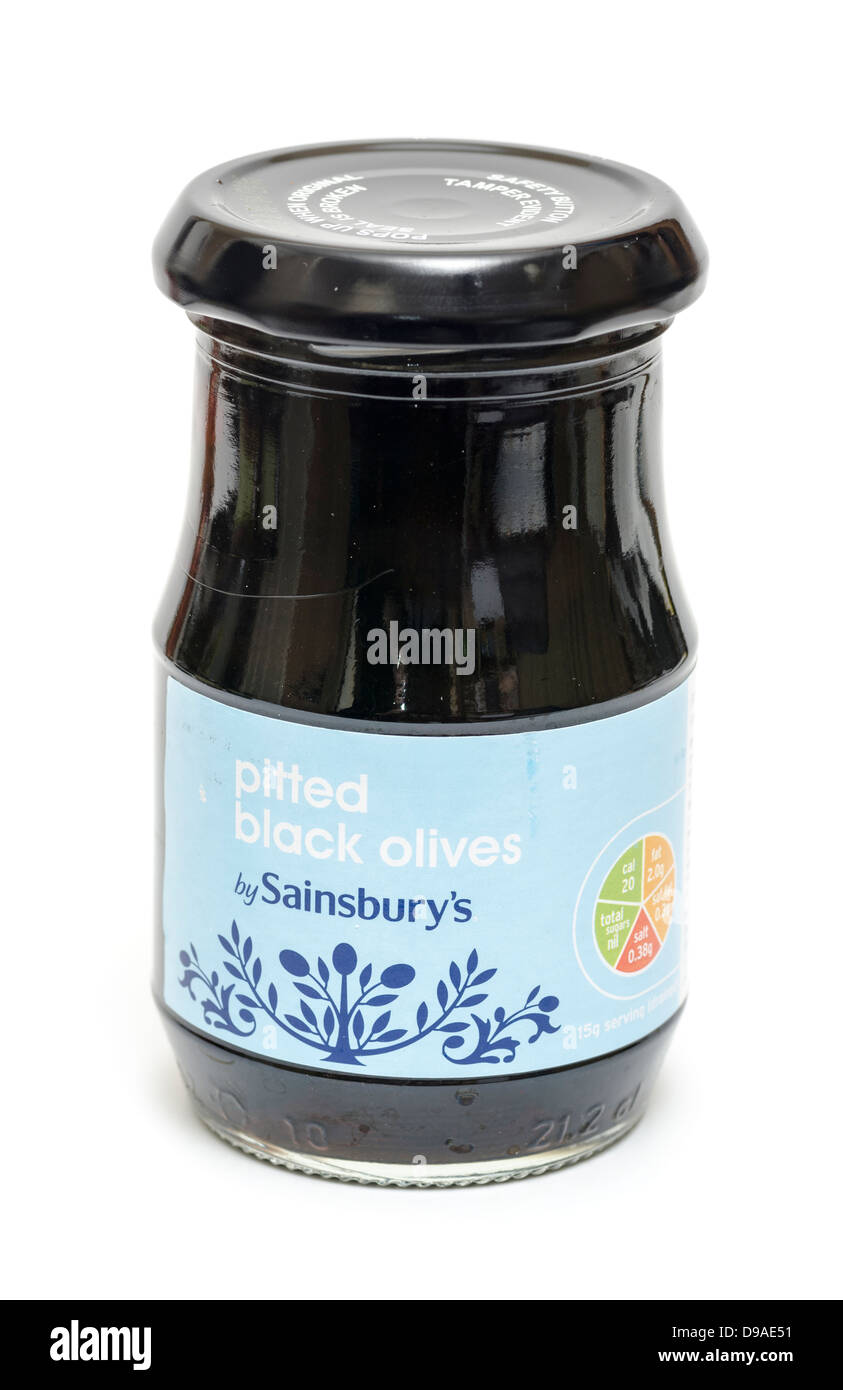 Sainsbury's pitted black olives in a jar Stock Photo Alamy