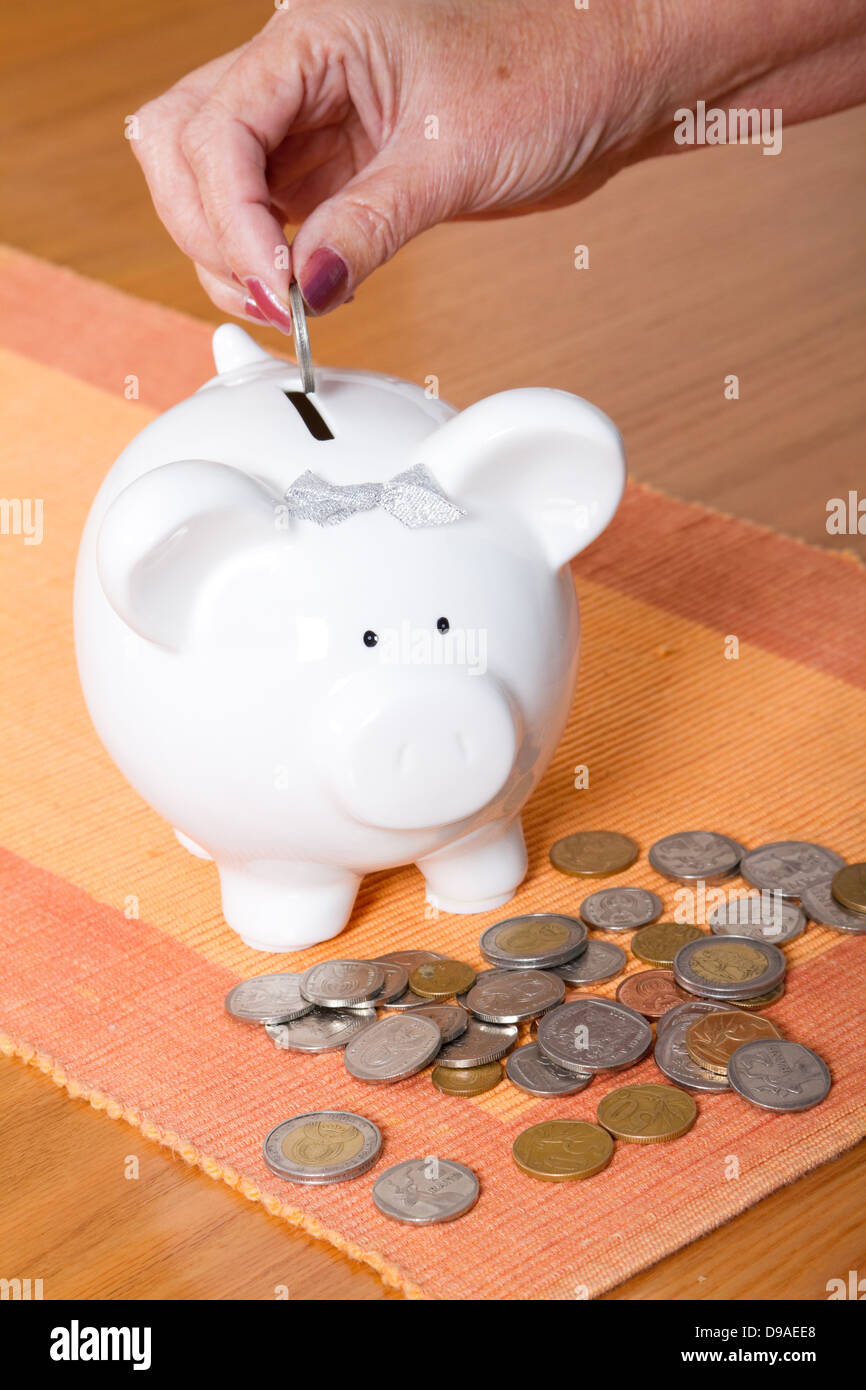 woman hand put coin in piggy bank Stock Photo Alamy