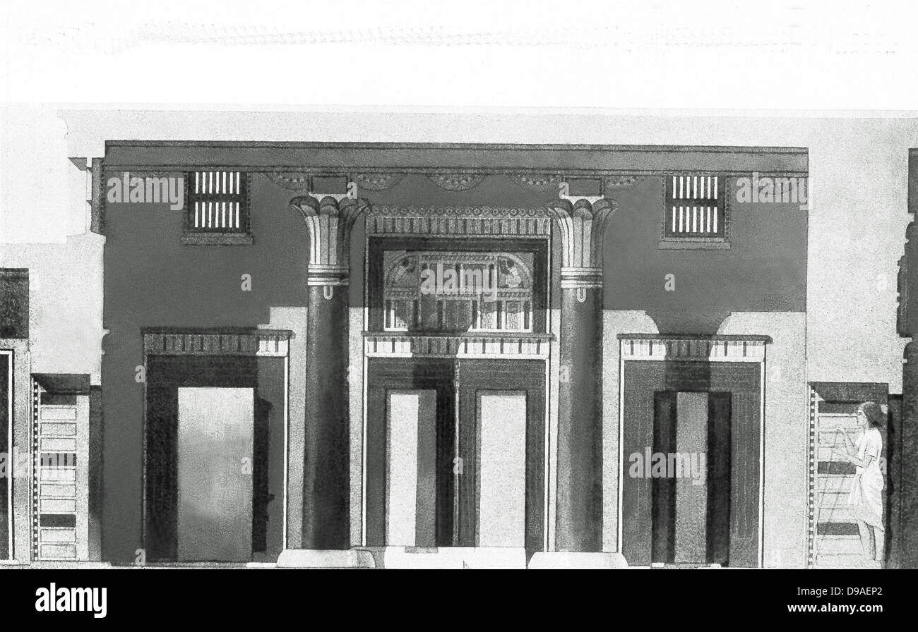 Shown in this early 1920s reconstruction image is the facade of a house uncovered at Akhetaten (Amarna). Stock Photo