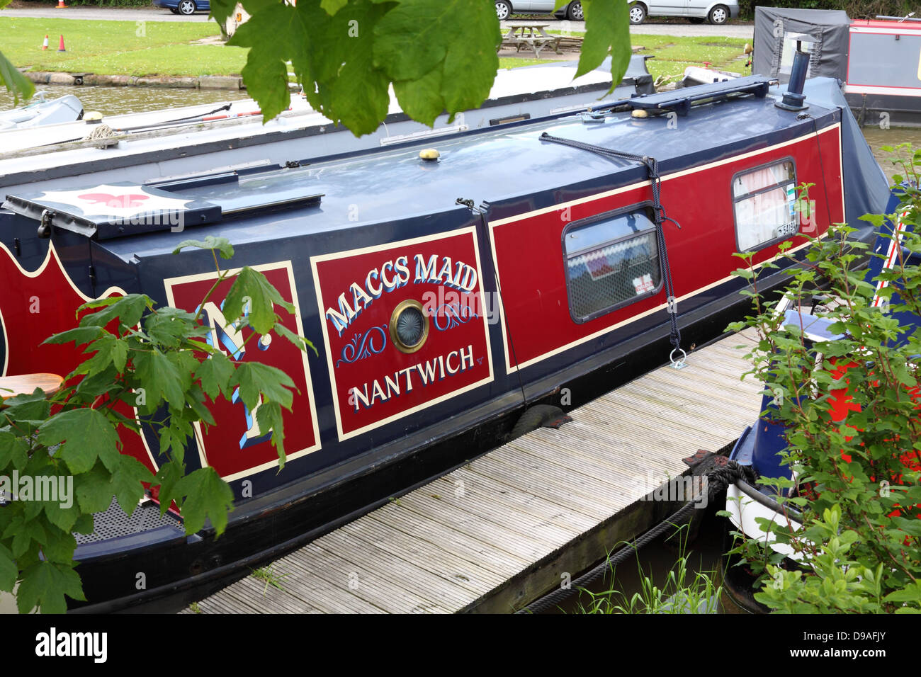 Canal narrowboats moored at Nantwich Marina, Cheshire, England Stock Photo