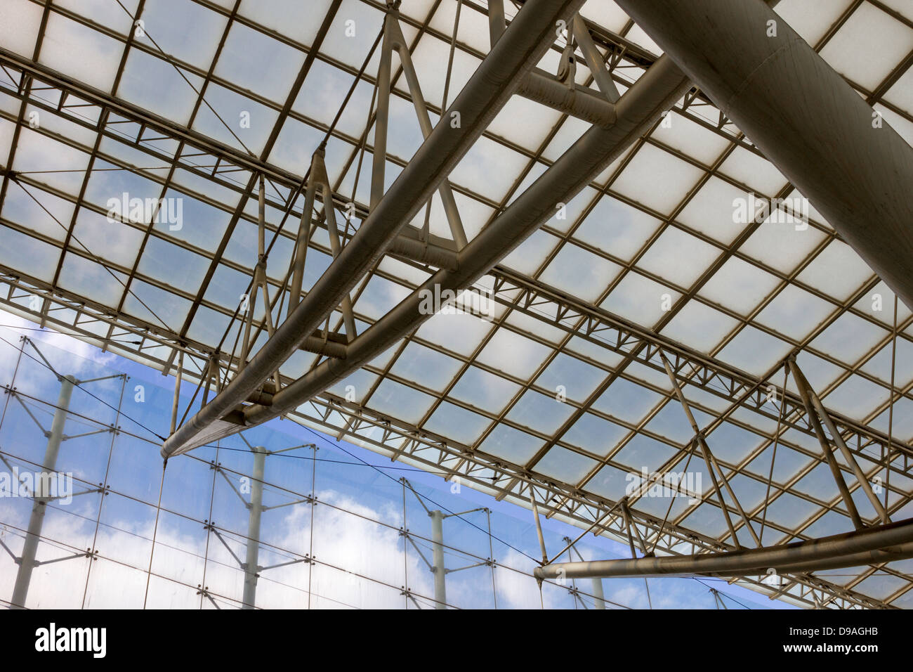 Latticework of translucent ceiling above Charles de Gaulle train station atrium in Paris, France Stock Photo