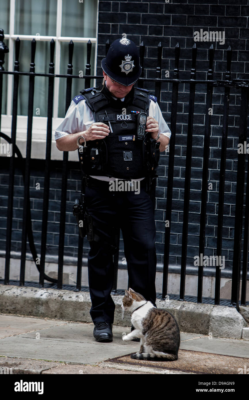 London, UK. 16th June, 2013. Policeman with PM David Cameron's cat Larry, outside number 10 Downing Street. On the day President Putin visits his owner  Credit:  Mario Mitsis / Alamy Live News Stock Photo