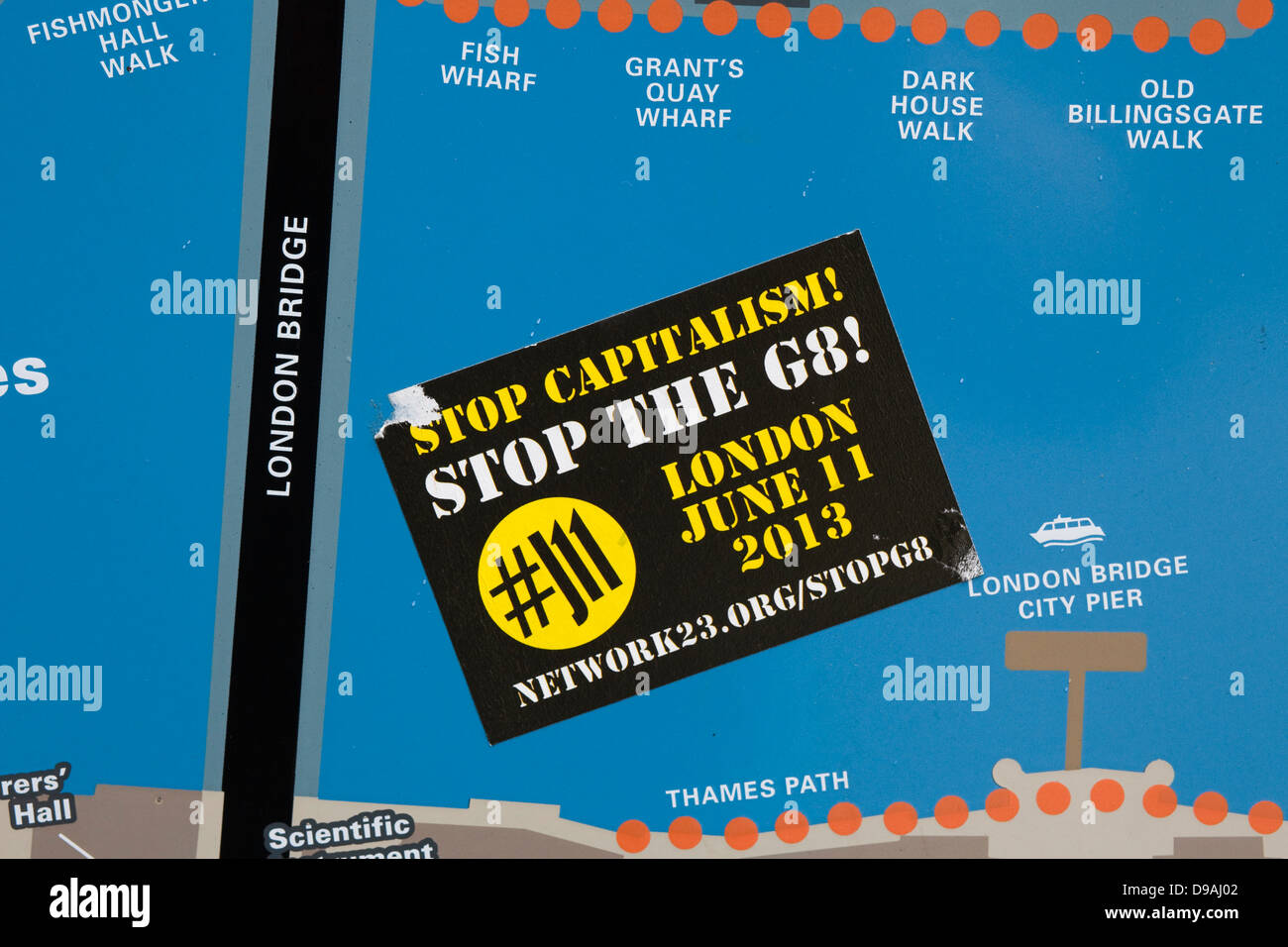 Tourist information map of London with Stop the G8 London sticker on it 2013 Stock Photo