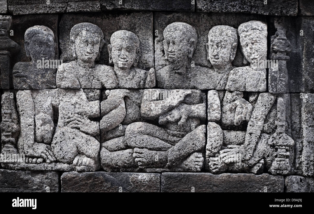 Ancient carving from buddhist Borobudur temple. Indonesia, Java Stock Photo