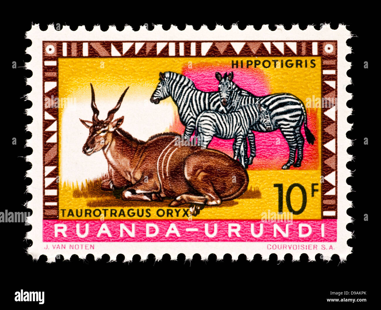 Postage stamp from Ruanda-Urundi  depicting depicting oryx and zebras Stock Photo