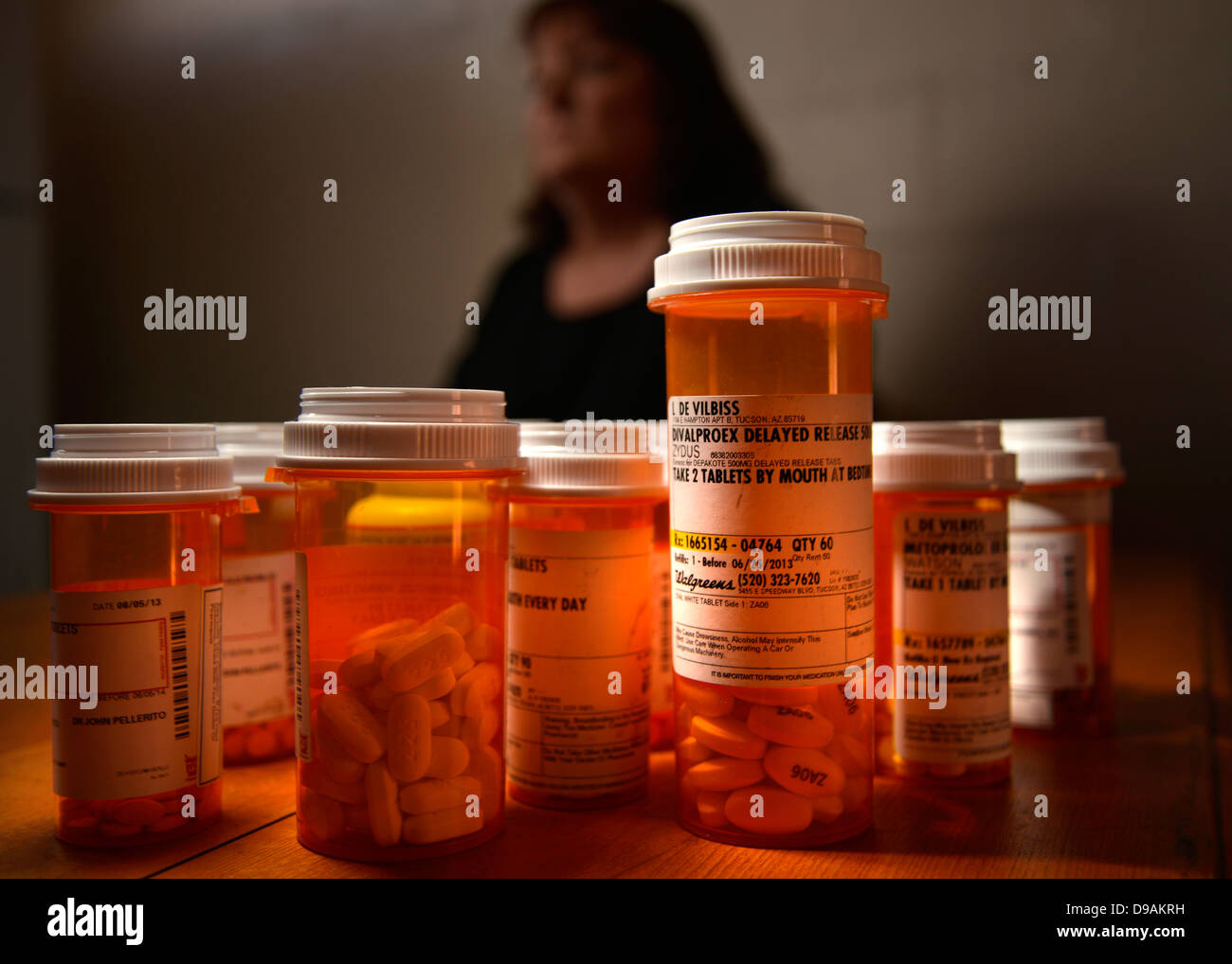 Medications, including Depakote, taken by a chronically ill patient. Stock Photo